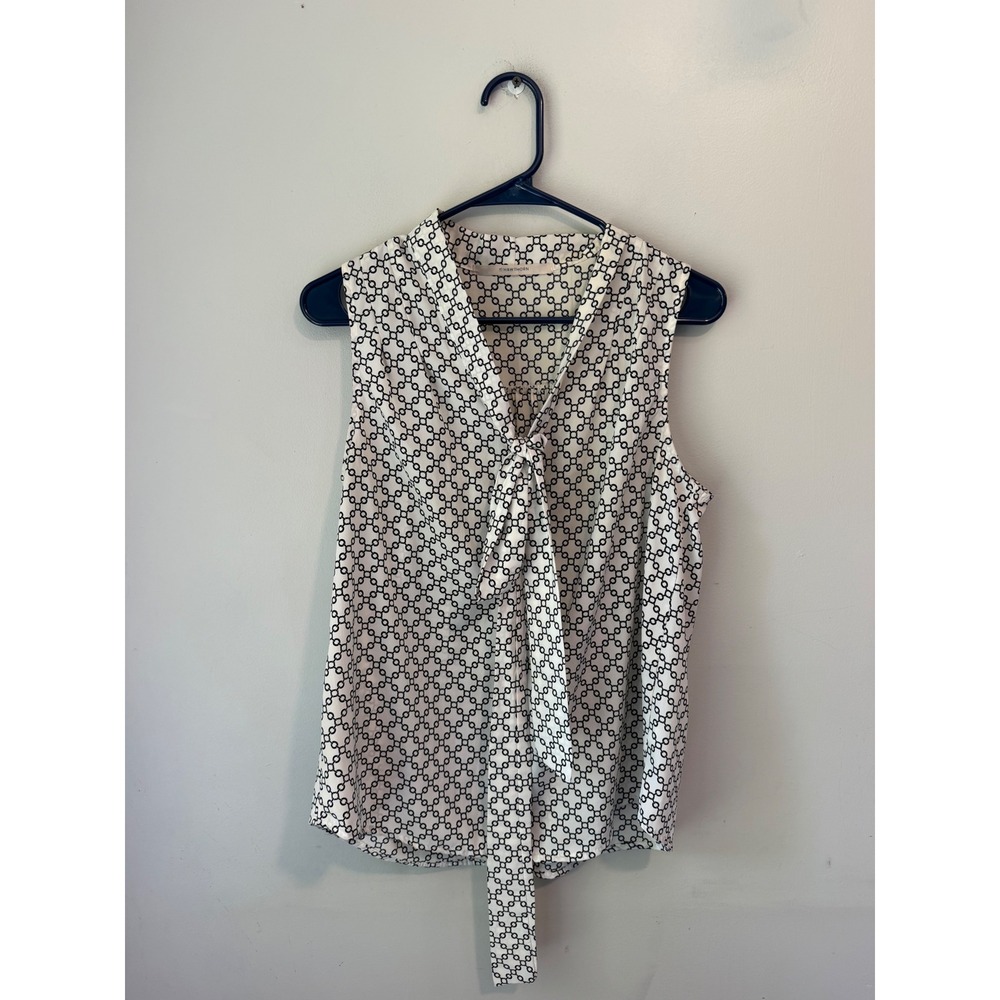 41 Hawthorn Womens Black White Geometric Chain Link Tie Neck Blouse Top 1637